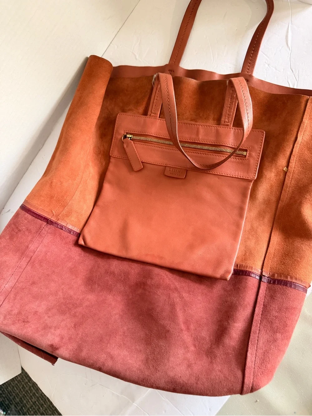 Celine Two-Tone Leather Tote in Rust and Burgundy